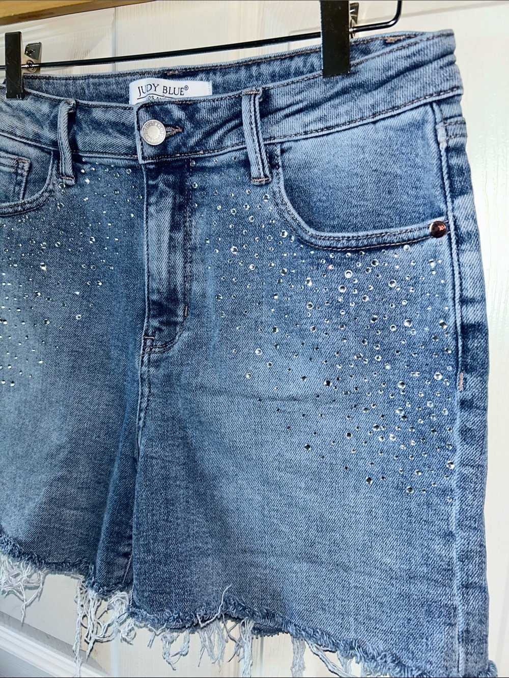 Judy Blue Rhinestone Elle Jean Shorts‎ Sz Large High Rise Cutoff Distressed - Picture 7 of 14
